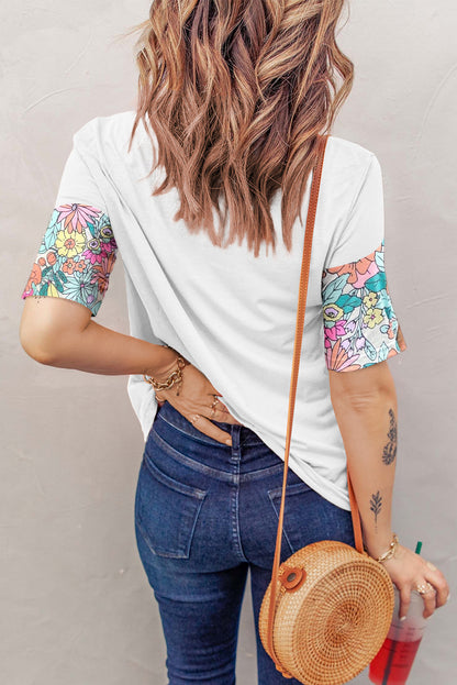 Weißes Patchwork-Kurzarm-Top mit Blumenmuster