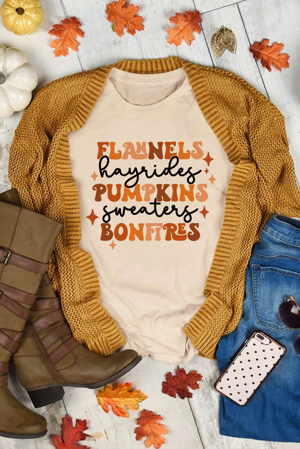 Khaki Flanells Heuwagenfahrten Kürbisse Pullover Lagerfeuer T-Shirt