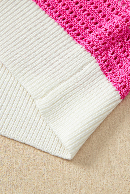 Weißes, kurzärmliges Pullover-Oberteil mit Häkelstrick und Farbblockdesign