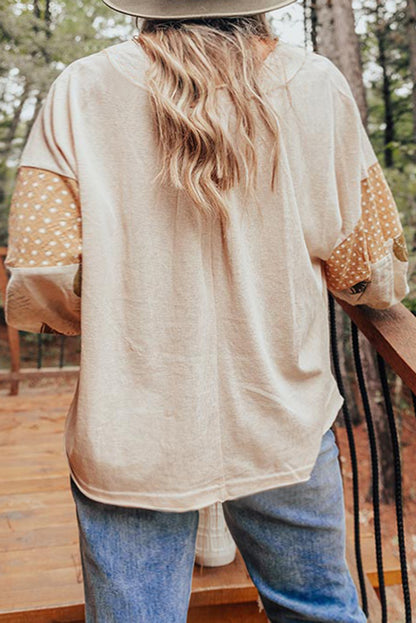 Jet Stream – Lockere Bluse mit Palmenblättern und Punkten, Puffärmeln, Patchwork, V-Ausschnitt