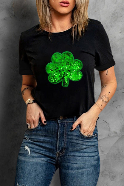 Schwarzes T-Shirt mit Kleeblatt-Stickerei und Rundhalsausschnitt
