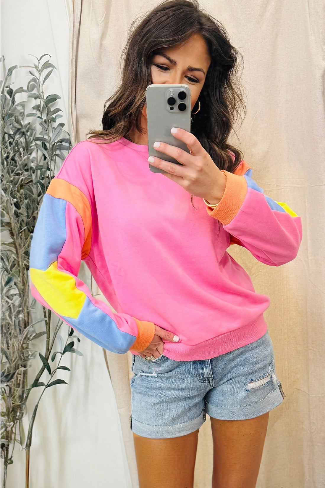 Pinkes French-Terry-Oberteil mit Farbblockdesign und Candy-Muster