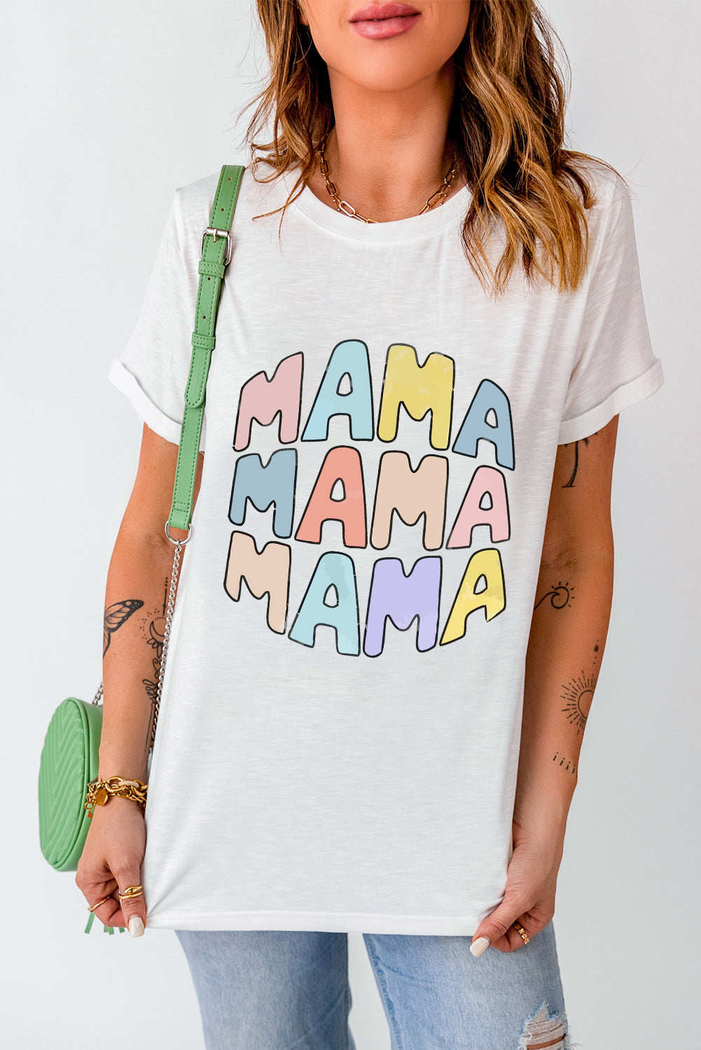 Weißes, lässiges T-Shirt mit Rundhalsausschnitt und MAMA-Slogan-Print