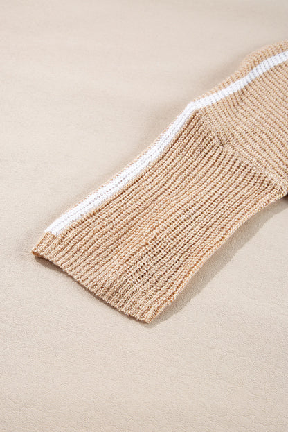 Pullover mit Rundhalsausschnitt und 3/4-Ärmeln in hellem Französisch-Beige mit Kontraststreifen