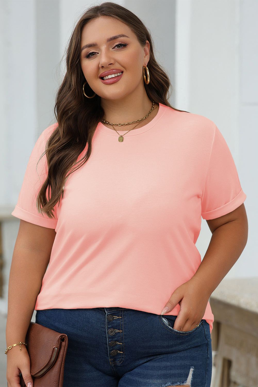 Lässiges, schlichtes Rundhals-T-Shirt in Rosa