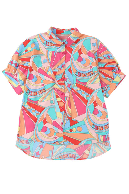 Mehrfarbiges, lockeres Hemd mit halblangen Puffärmeln und abstraktem geometrischem Print