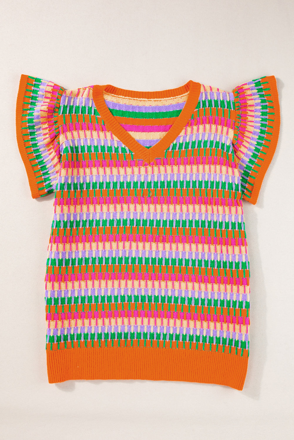 Orangefarbenes, mehrfarbiges Strickpullover-Oberteil mit Flatterärmeln