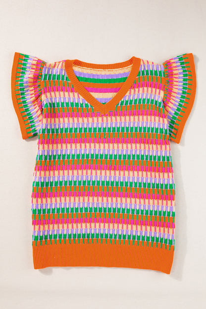 Orangefarbenes, mehrfarbiges Strickpullover-Oberteil mit Flatterärmeln