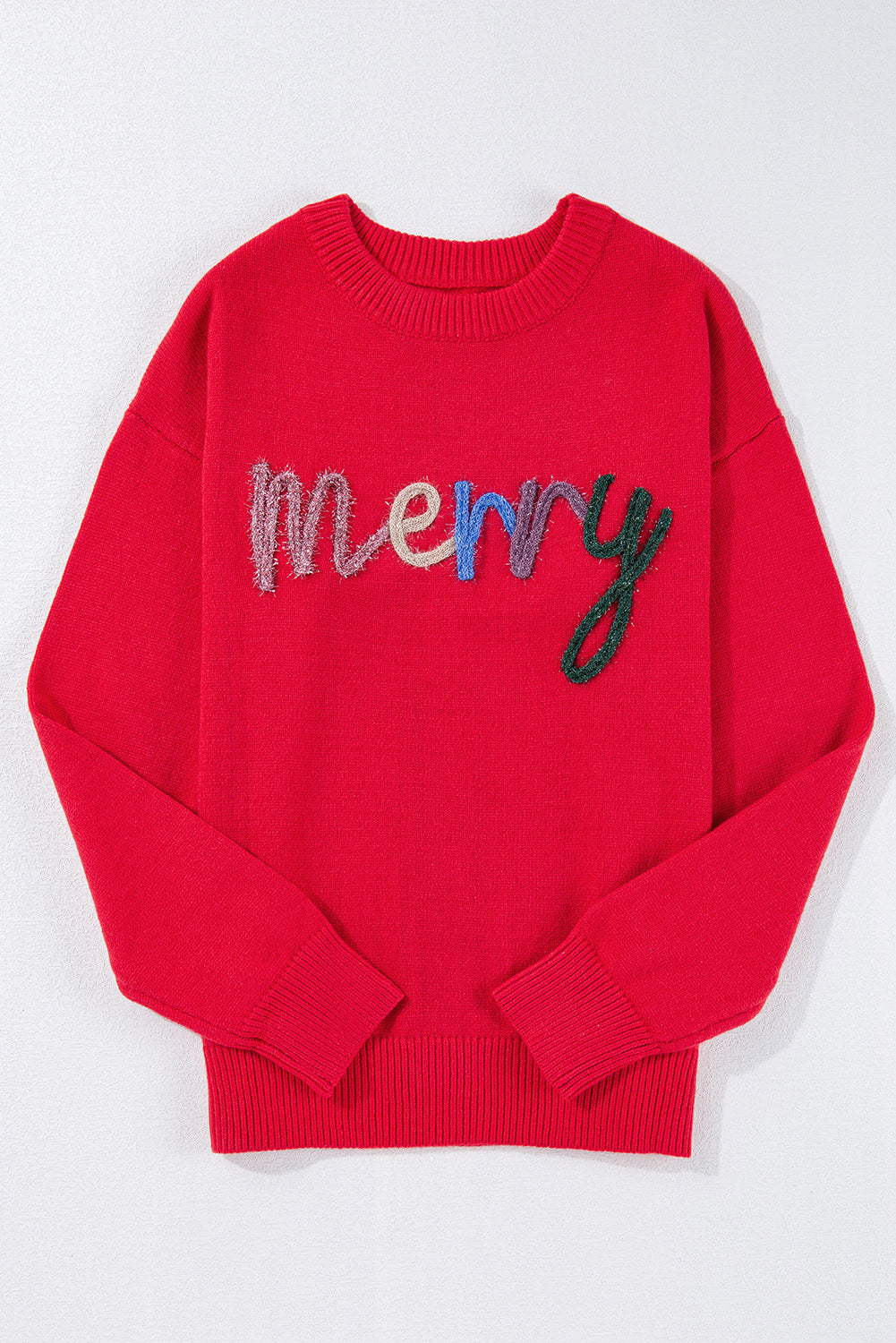 Feurig-roter Lametta Merry Letter Baggy Pullover mit tief angesetzter Schulterpartie