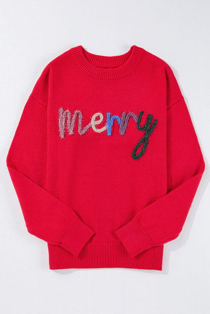 Feurig-roter Lametta Merry Letter Baggy Pullover mit tief angesetzter Schulterpartie