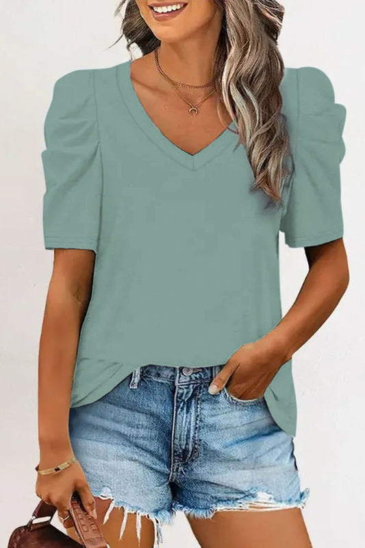 Green Puff Sleeve V-Neck T-Shirt