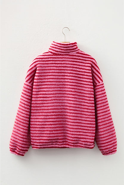 Pink Stripe Quarter Zip Fleece Oversize Sweatshirt