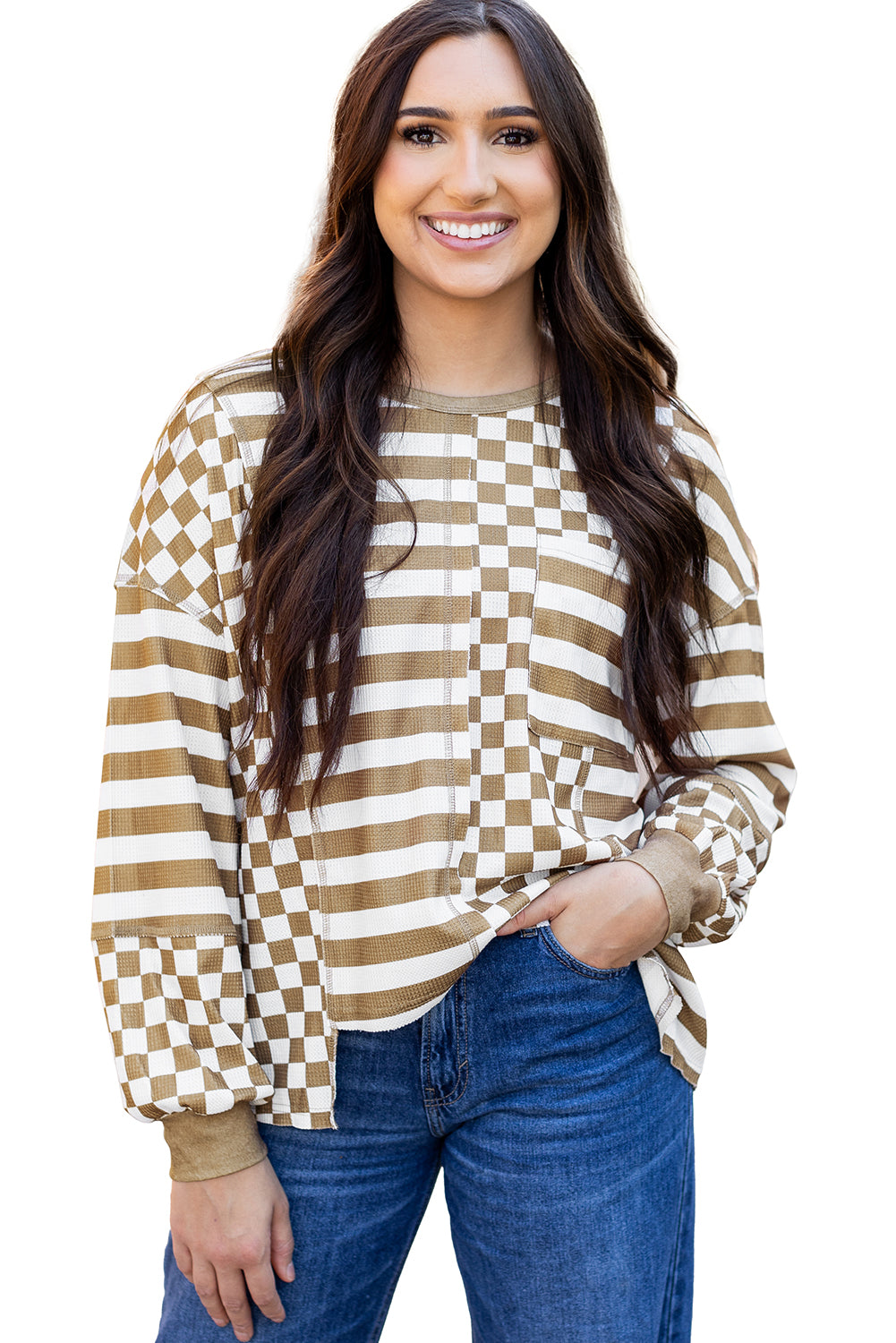 Khakifarbene Bluse mit Schachbrettmuster und Patchwork-Laternenärmeln und Taschen