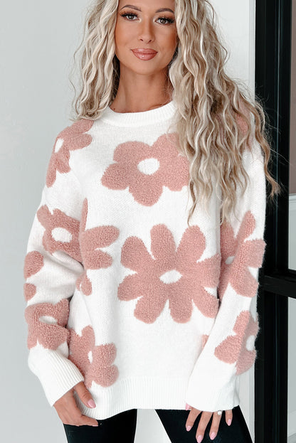 Weißer, strukturierter Pullover mit Blumenmuster und überschnittener Schulter
