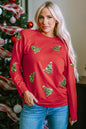 Feurig-rotes Pailletten-Sweatshirt mit Weihnachtsbaum und Raglanärmeln