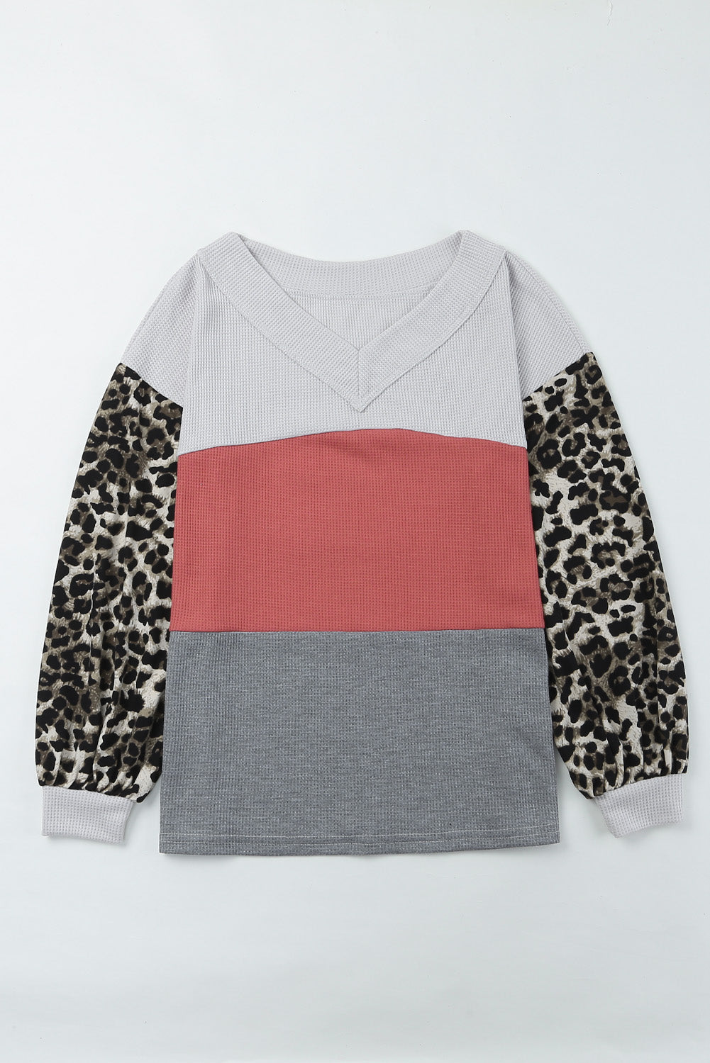 Feuerrotes, wildes Leoparden-Colorblock-Waffelstrick-Oberteil mit kontrastierenden Ärmeln