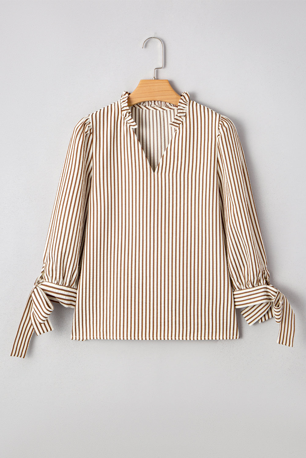 Straw Yellow Striped Print Tied Cuffs Split Neck Seersucker Blouse