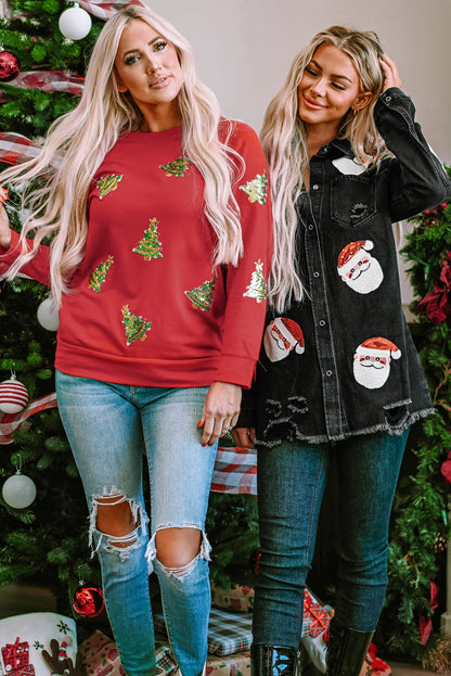 Feurig-rotes Pailletten-Sweatshirt mit Weihnachtsbaum und Raglanärmeln