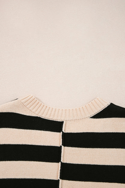 Black Stripe Two in One Knitted Top High Waist Splicing Hem Sweater Dress