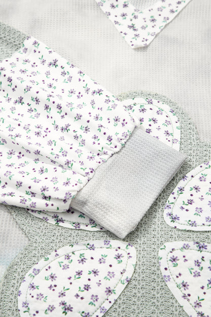 Green Floral Patched Waffle Textured Colorblock V Neck Casual Hooded Top