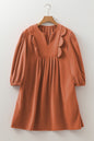 Cinnamon Bracelet Sleeve Split Neck Scallop Detail Pleated Corduroy Mini Dress