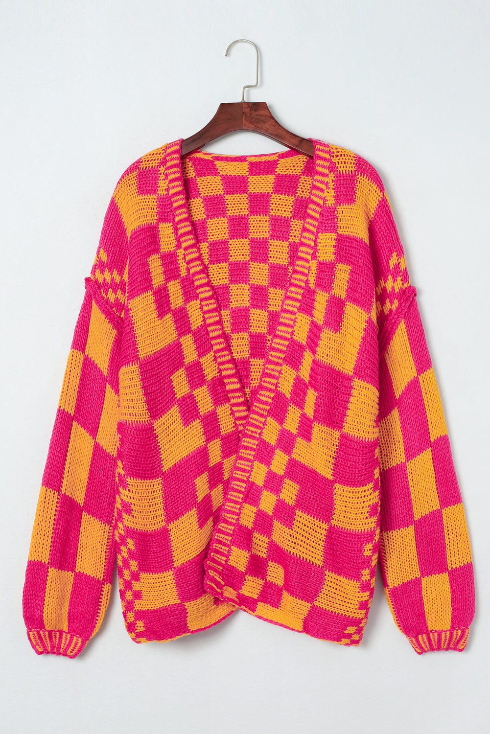 Mehrfarbige Strickjacke mit offenem Vorderteil und gemischtem Karomuster
