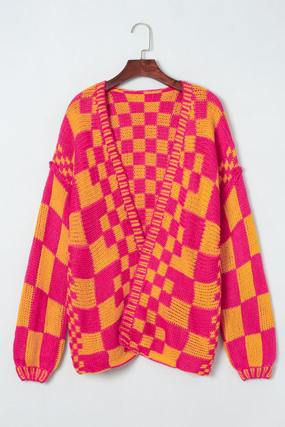 Mehrfarbige Strickjacke mit offenem Vorderteil und gemischtem Karomuster