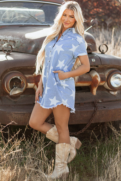 Sky Blue Stars Frayed Hem Collared Short Sleeve Denim Dress