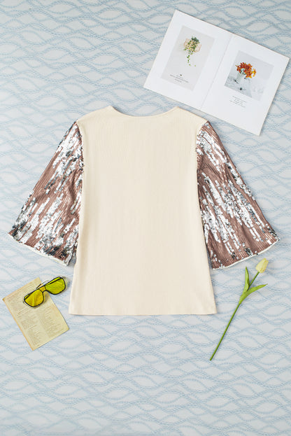 Weiße Paillettenbluse mit Glockenärmeln und Rundhalsausschnitt