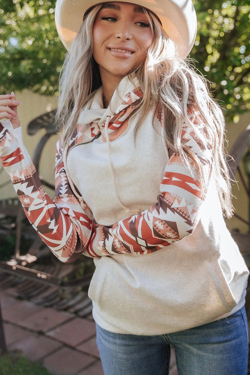 Patchwork-Hoodie mit Doppelkapuze im Western-Azteken-Print