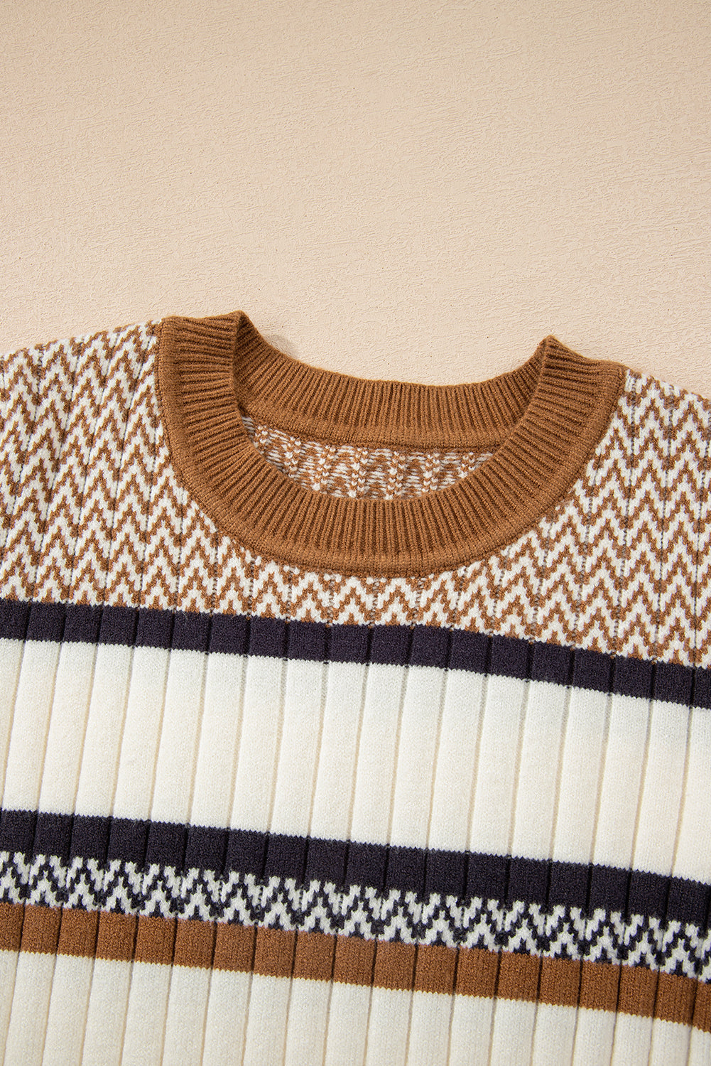 Brown Stripe Stylish Pattern Knitted Ribbed Trim Slim Sweater