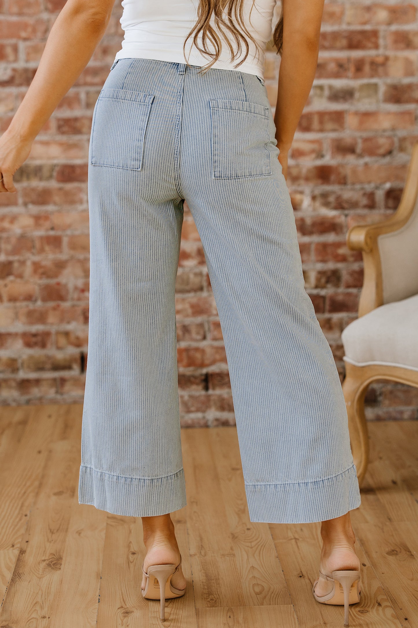 Sky Blue Stripe Button Flap Pocket Cuffed Hem Wide Leg Jeans