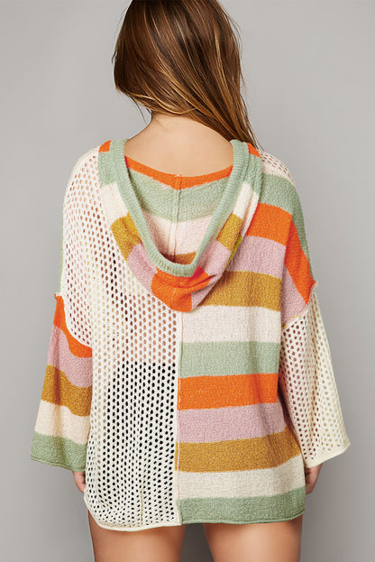 Beigefarbener Oversize-Kapuzenpullover mit Farbblockdesign und V-Ausschnitt
