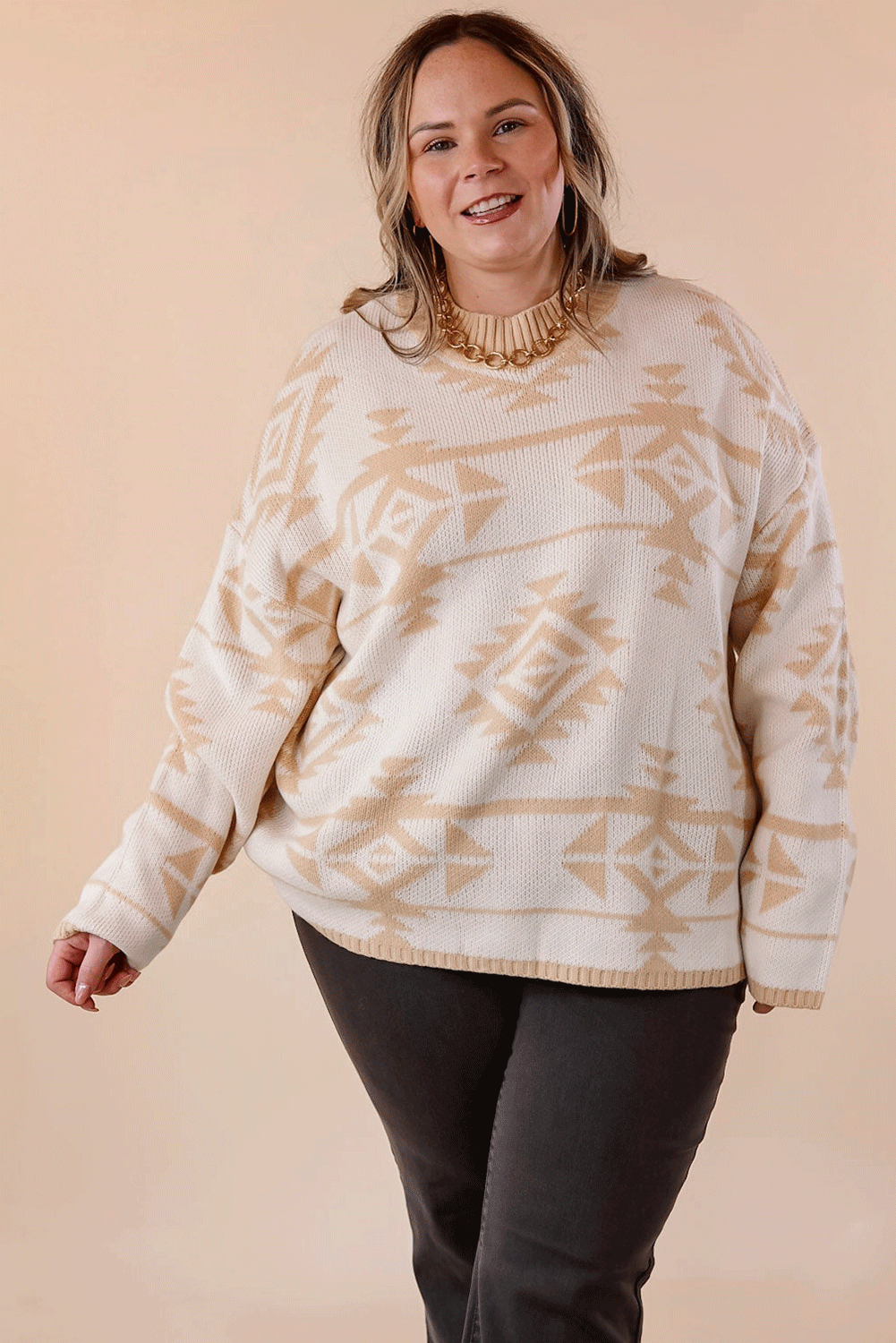 Apricot – Lockerer Pullover mit Western-Azteken-Print in Übergröße