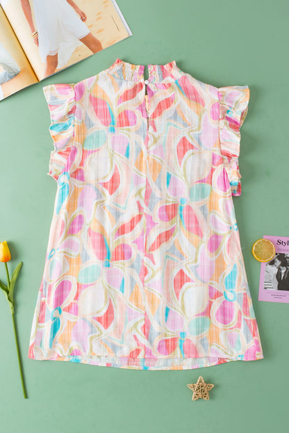 Gelbe Bluse mit abstraktem Print, gesmoktem Kragen und Rüschenärmeln