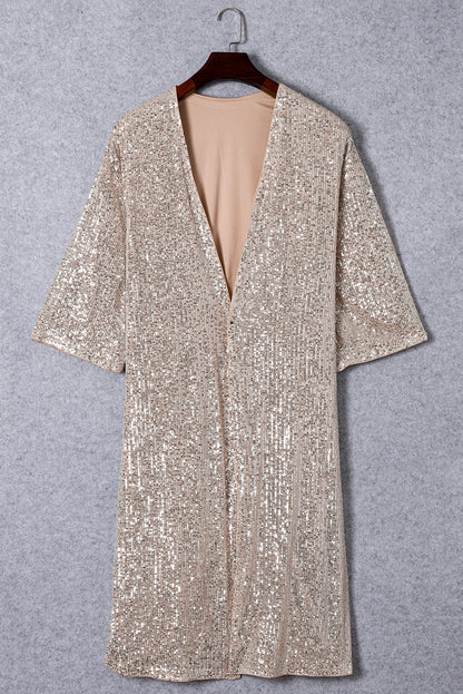 Aprikosenfarbener Kimono mit Pailletten und 3/4-Ärmeln und offener Vorderseite
