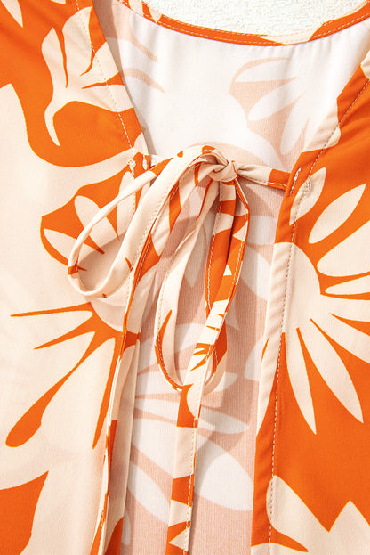 Orange Floral Print Knotted Open Back Long Sleeve Blouse