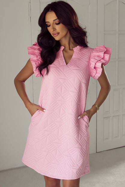 Bonbon – Strukturiertes Etuikleid mit plissierten Ärmeln und V-Ausschnitt