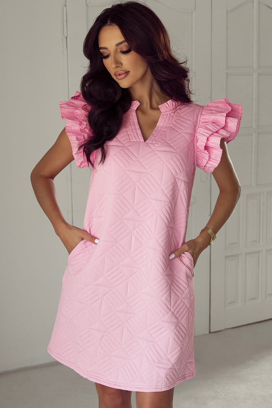 Bonbon – Strukturiertes Etuikleid mit plissierten Ärmeln und V-Ausschnitt