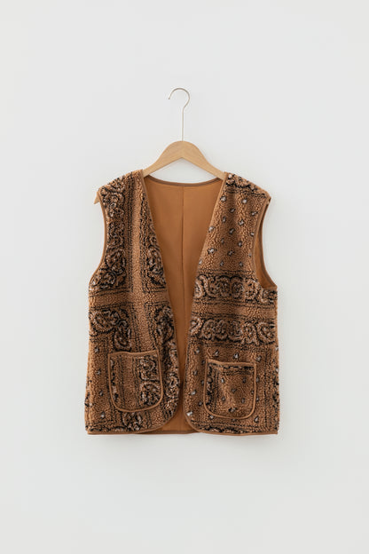 Brown Sherpa Paisley Print Pocketed Western Fashion Vest Jacket