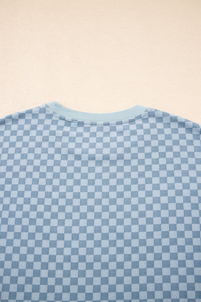 Sky Blue Checkerboard Long Sleeve Pullover and Shorts Set