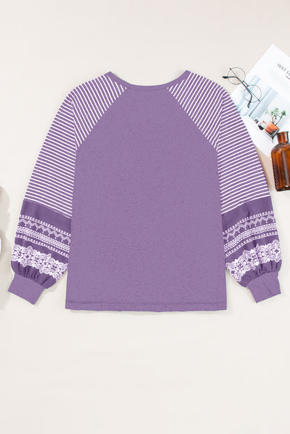 Tillandsia Purple Contrast Print Striped Raglan Long Sleeve Loose Top