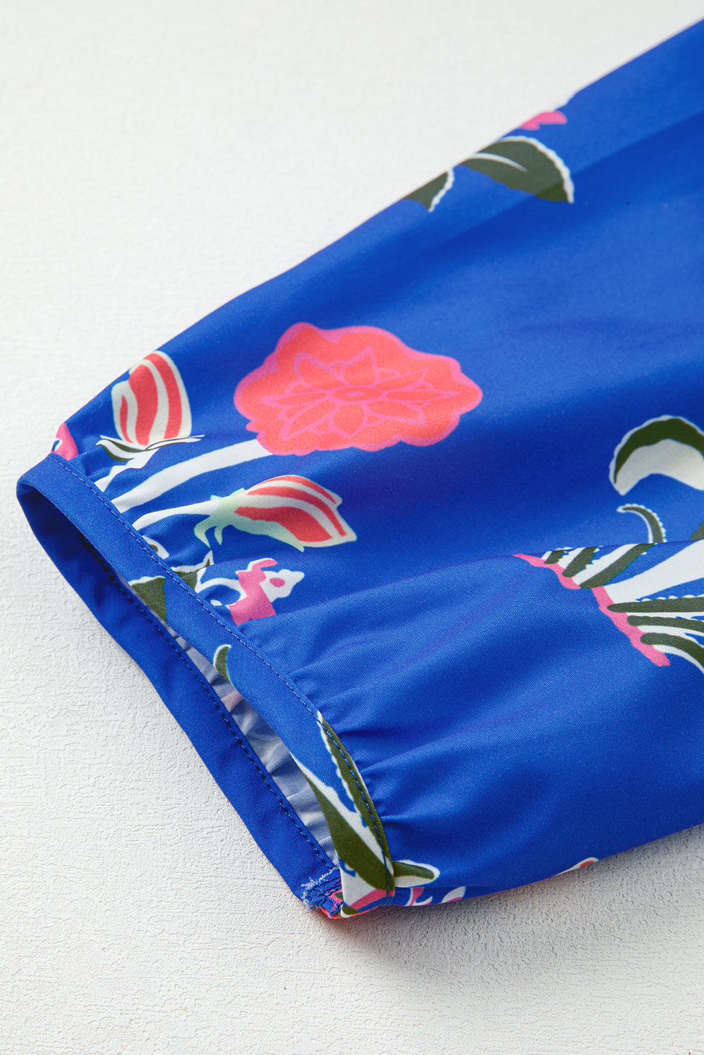 Blue Floral Print Button Detail 3/4 Puff Sleeve Ruffle Hem Dress