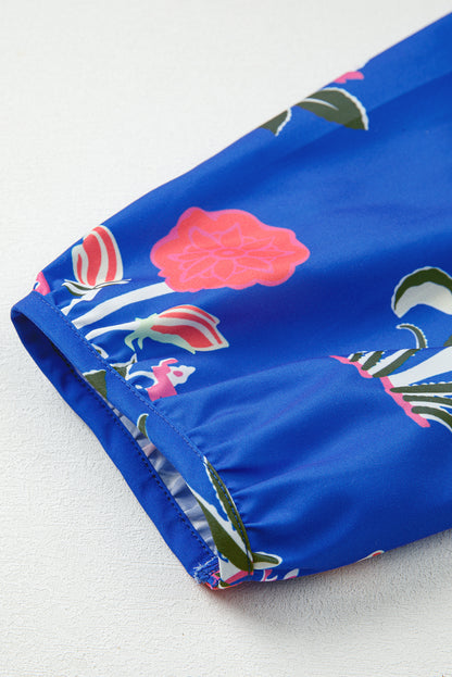 Blue Floral Print Button Detail 3/4 Puff Sleeve Ruffle Hem Dress