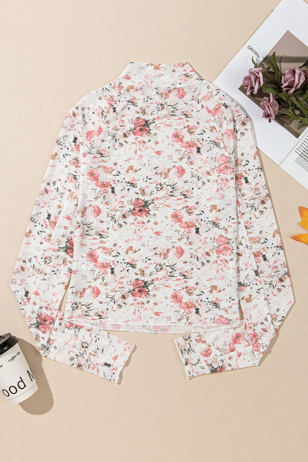 Rosa, geblümte, langärmlige Etui-Bluse aus Netzstoff mit hohem Halsausschnitt