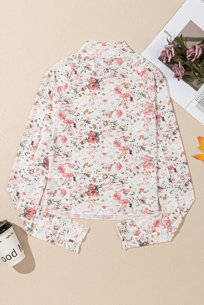Rosa, geblümte, langärmlige Etui-Bluse aus Netzstoff mit hohem Halsausschnitt