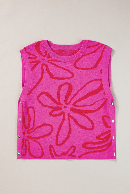 Ärmelloses Stricktop mit Blumenmuster und Knopfleiste in leuchtendem Pink