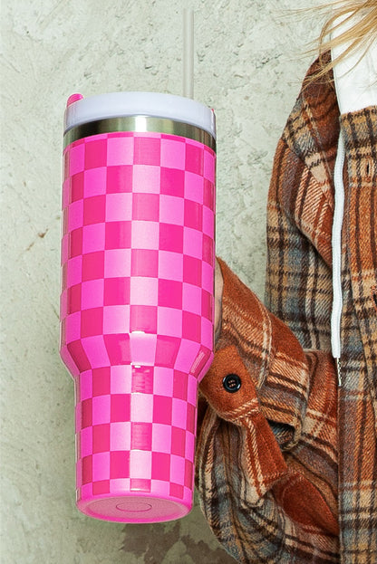 Edelstahlbecher mit Griff und Karomuster in leuchtendem Pink, 1,2 l