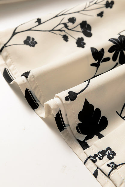 Khaki Botanical Floral Print Split Neck Long Sleeve Blouse