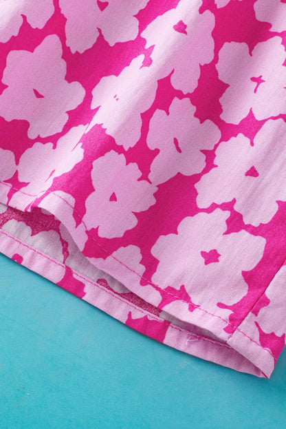 Rosa Bluse mit floralem Kontrastmuster und Zickzackmuster und Rüschenärmeln